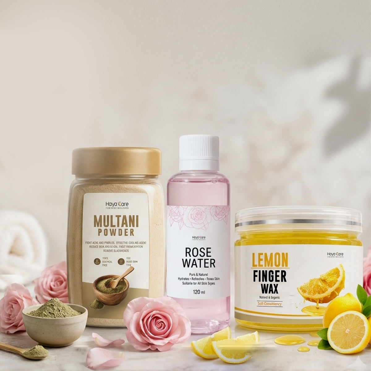 3-Step Beauty Bundle – Rose Water + Multani Powder + Lemon Wax